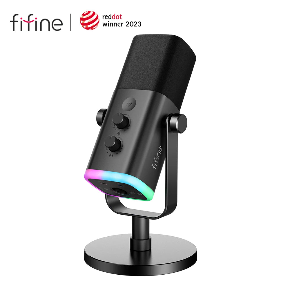 FIFINE USB/XLR Dynamic Microphone with Touch Mute Button,Headphone jack,I/O Controls,for PC PS5/4 mixer,Gaming MIC Ampligame AM8